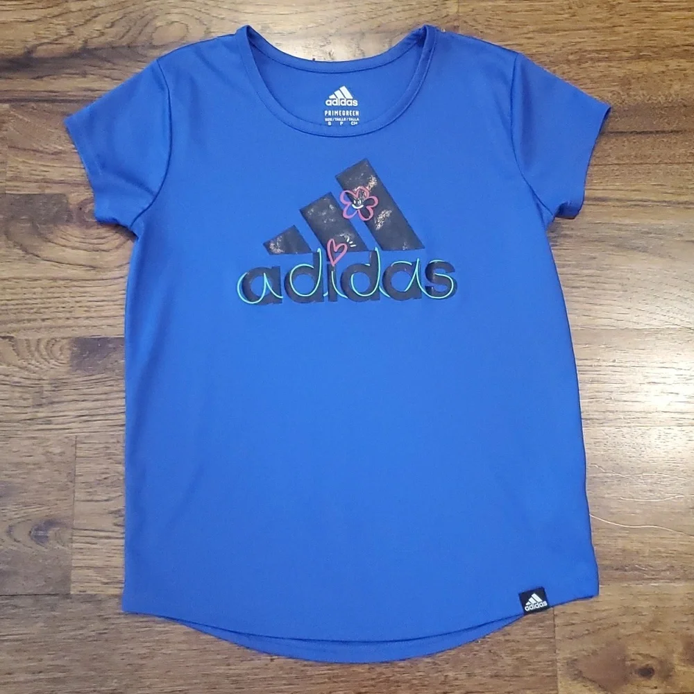 Girls Adidas Primegreen blue logo print shirt size S(7/8)